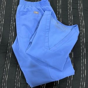 Figs Ciel Blue Scrubs- small 2 pocket top, straight leg PXS pants